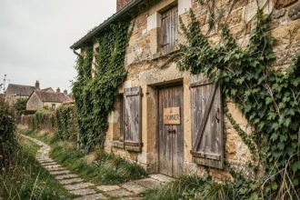 Maison de village abandonnée avec panneau À donner accroché à la porte, murs en pierre envahis par le lierre et volets défraîchis