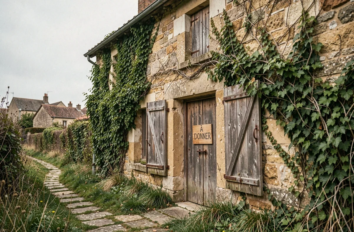 Maison de village abandonnée avec panneau À donner accroché à la porte, murs en pierre envahis par le lierre et volets défraîchis