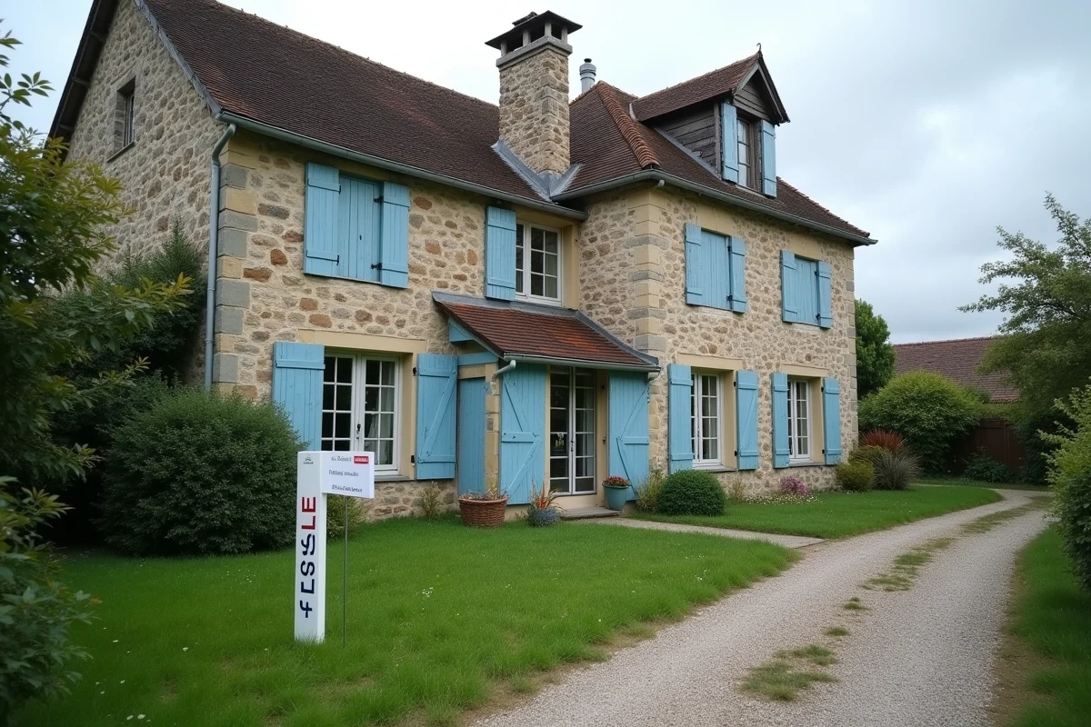 Maison individuelle française avec panneau à vendre dans le jardin, représentant une propriété en indivision successorale