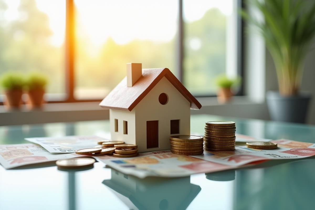Modèle de maison entouré de pièces et billets d euro sous lumière naturelle