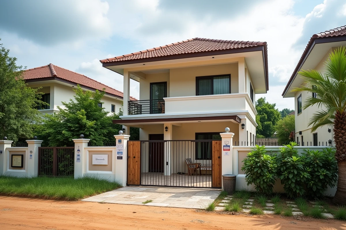 Maison neuve en Thaïlande avec certificat de conformité affiché sur le portail dans un lotissement de Chiang Mai
