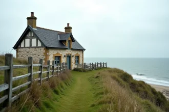 Maison normande en pierre au bord des falaises avec vue sur la Manche en Normandie
