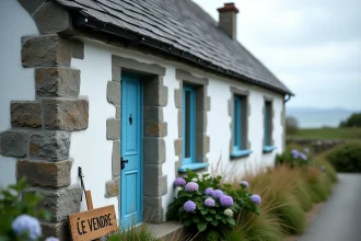 Maison de pêcheur bretonne à vendre avec volets bleus et murs en pierre granitique, panneau À Vendre dans un jardin côtier