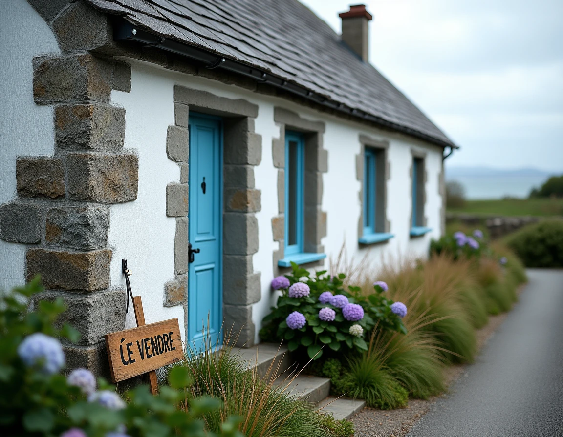 Maison de pêcheur bretonne à vendre avec volets bleus et murs en pierre granitique, panneau À Vendre dans un jardin côtier