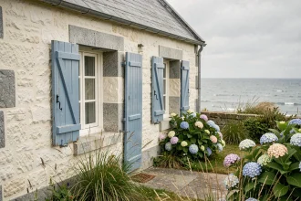 Maison de pêcheur bretonne à vendre avec vue mer, façade en pierre blanche et volets bleus traditionnels