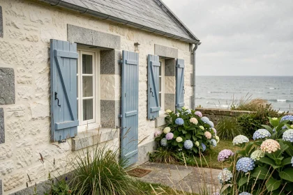 Maison de pêcheur bretonne à vendre avec vue mer, façade en pierre blanche et volets bleus traditionnels