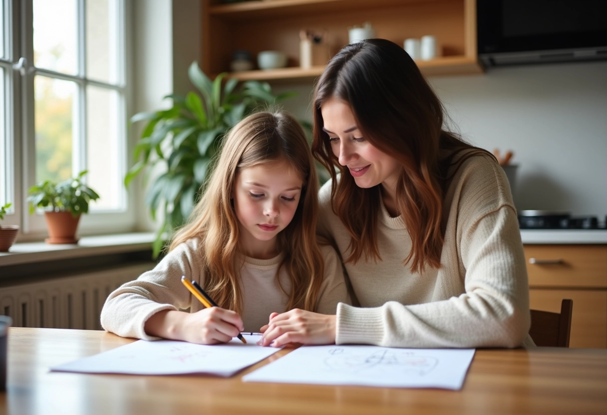 Mère et fille dessinant à la maison dans une cuisine lumineuse
