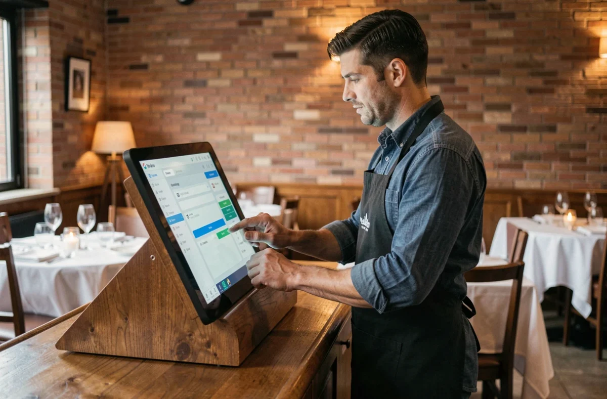Manager de restaurant utilisant un logiciel de réservation sur écran tactile à l'entrée d'un établissement