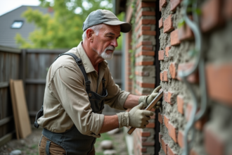 Maçon en action sur un mur extérieur en rénovation