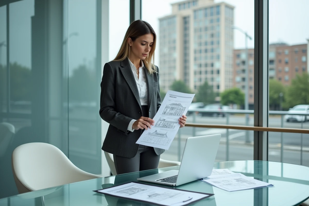 Marchande de biens consultant une check-list notariale dans un bureau immobilier moderne avec vue urbaine