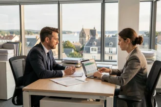 Un courtier en prêt immobilier reçoit des clients dans un bureau moderne à Nantes, avec des documents de financement immobilier sur la table