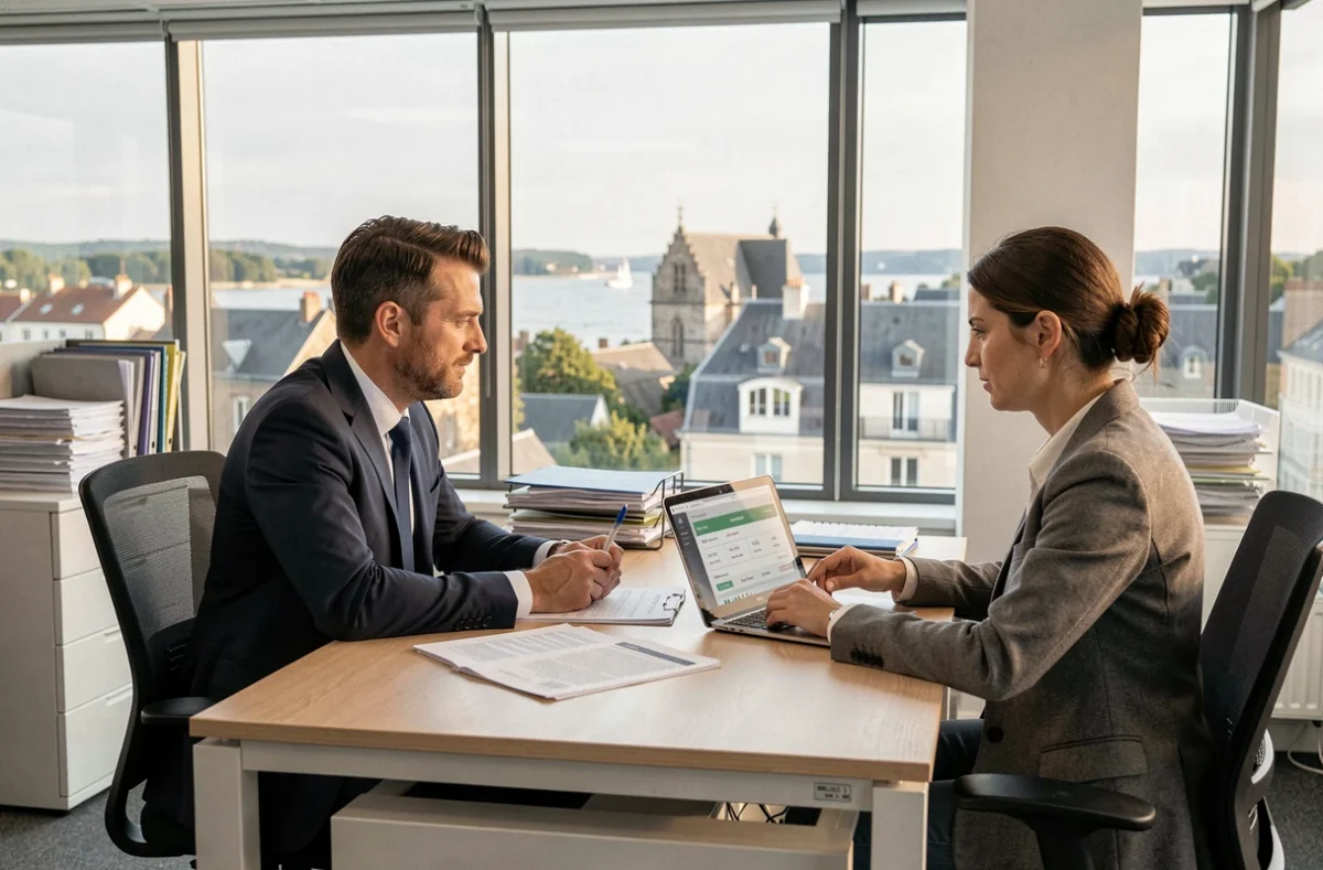 Un courtier en prêt immobilier reçoit des clients dans un bureau moderne à Nantes, avec des documents de financement immobilier sur la table