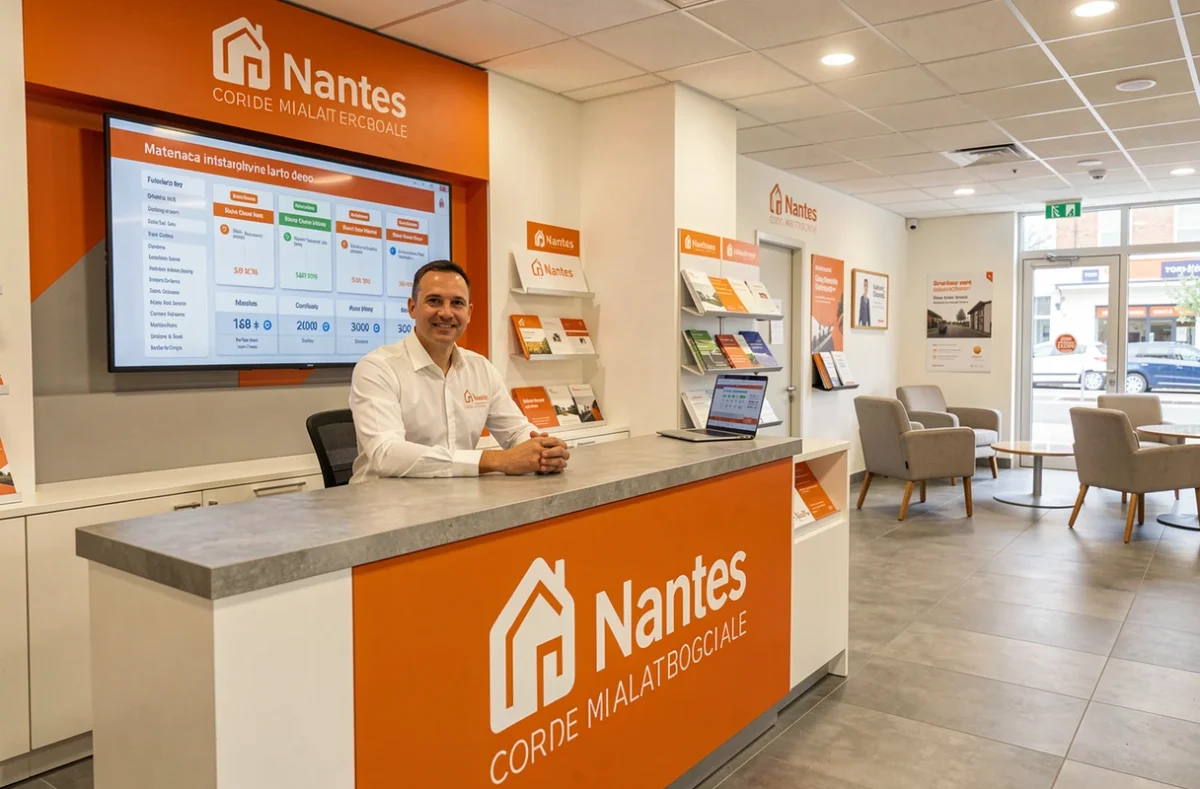 Conseiller de l'agence Meilleurtaux à Nantes dans un bureau de courtage national avec des comparateurs de taux sur écran