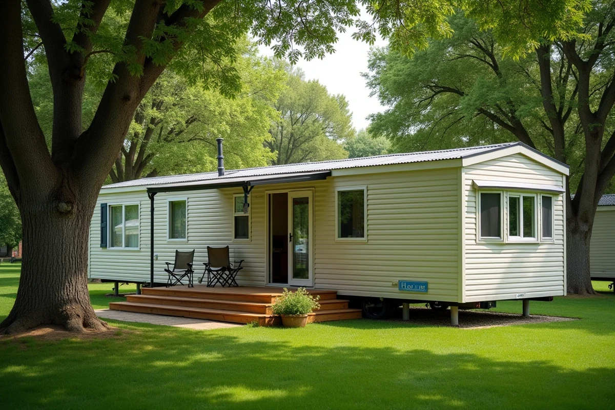 Mobil home en location saisonnière dans un camping avec terrasse, illustrant l'investissement LMNP en résidence de loisir