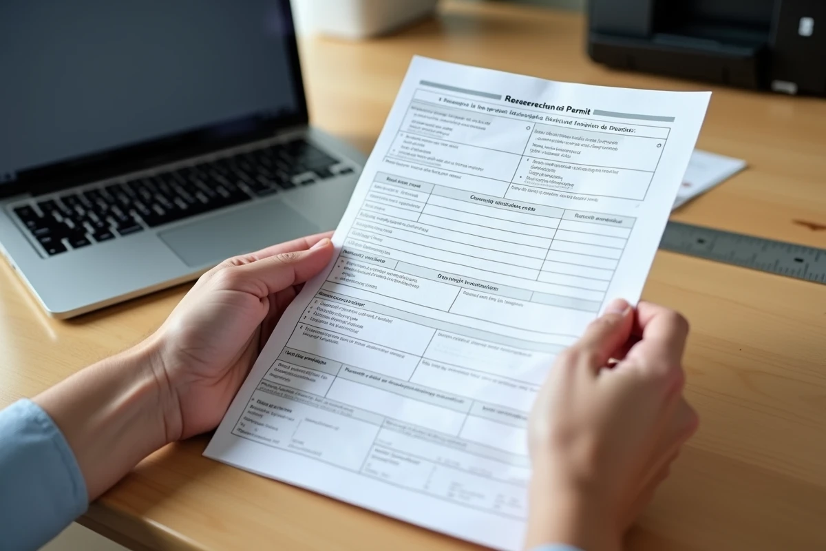 Mains tenant un modèle imprimé de panneau de permis de construire posé sur un bureau avec ordinateur portable