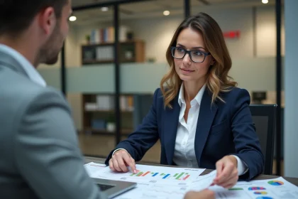 Femme négociant le prix d'un bien immobilier avec un agent dans une agence moderne, en s'appuyant sur des données de marché imprimées