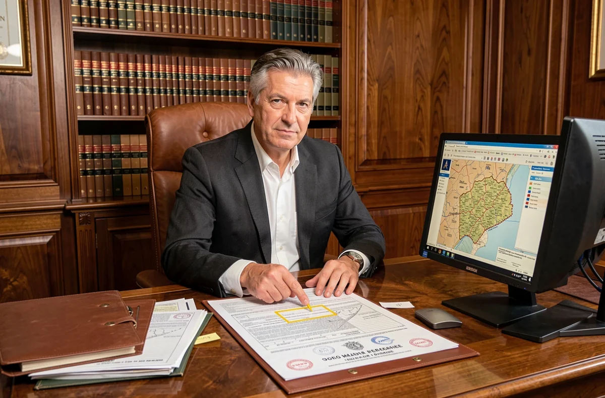 Notaire présentant des documents de titre foncier officiel à son bureau pour accompagner un primo-accédant dans un achat immobilier sécurisé