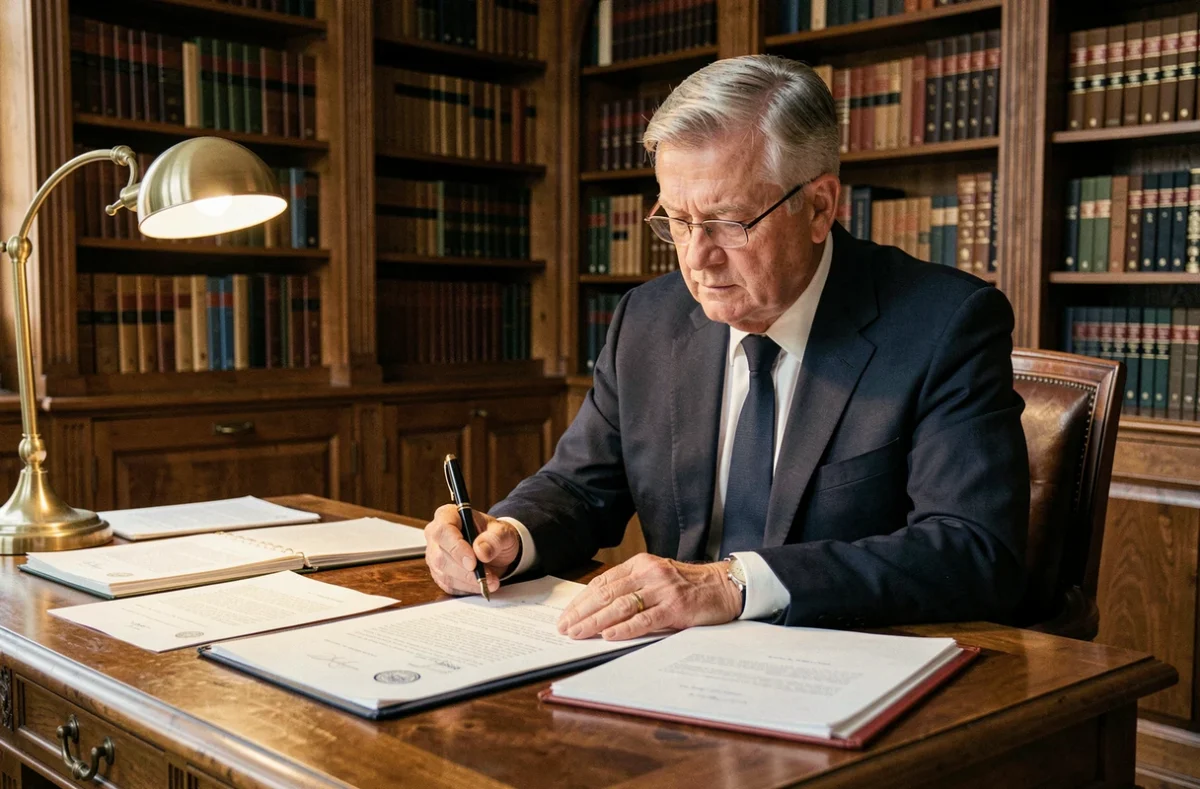 Notaire en costume sombre lisant une lettre de procuration dans son étude professionnelle