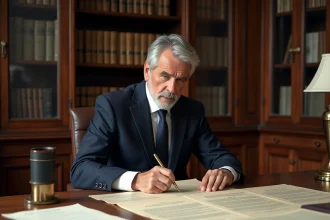 Notaire professionnel examinant des actes de vente immobilière dans un bureau classique à Paris, illustration des frais de notaire pour marchand de biens