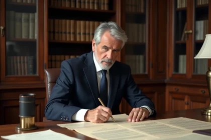 Notaire professionnel examinant des actes de vente immobilière dans un bureau classique à Paris, illustration des frais de notaire pour marchand de biens