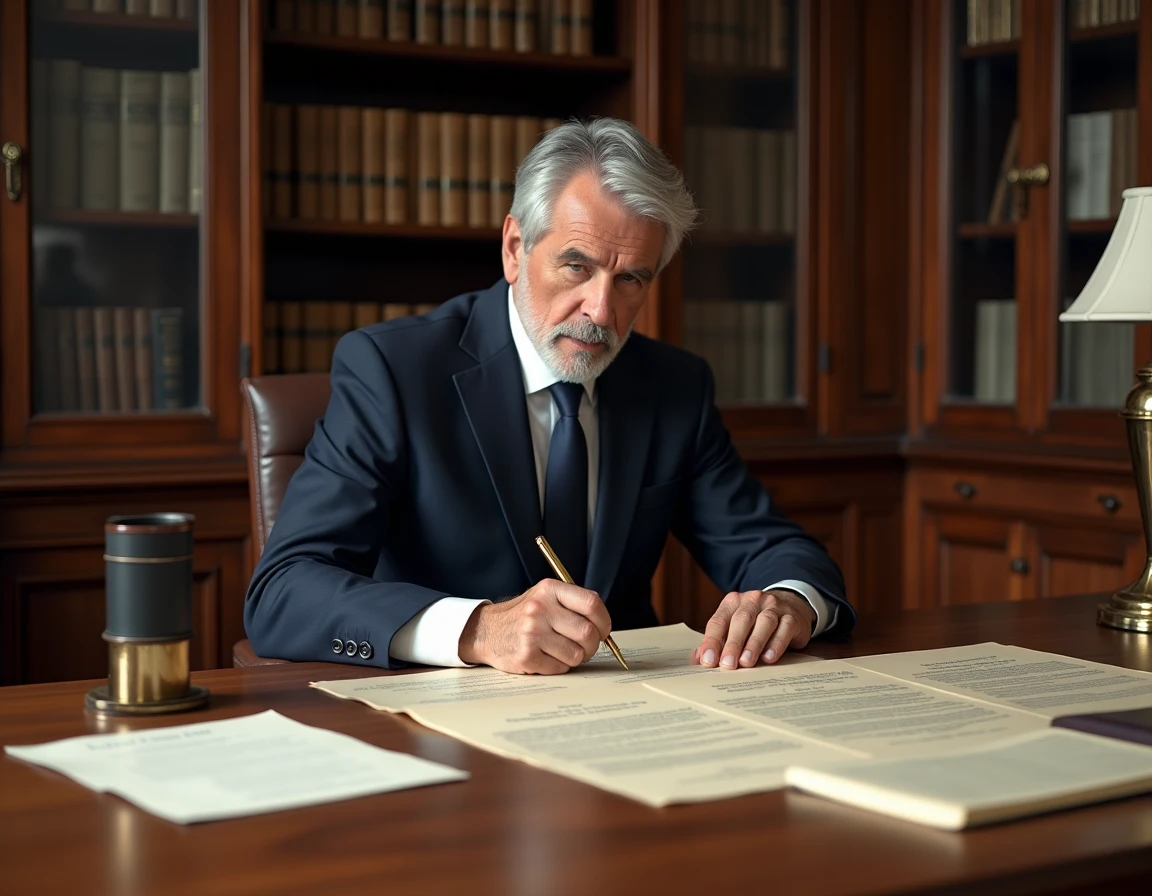 Notaire professionnel examinant des actes de vente immobilière dans un bureau classique à Paris, illustration des frais de notaire pour marchand de biens