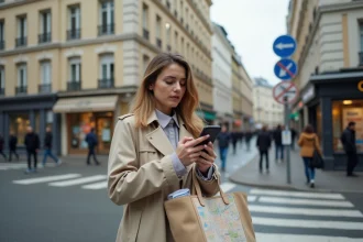 Jeune femme perplexe consultant son téléphone à une intersection du quartier de Créteil, symbolisant les erreurs fréquentes des nouveaux arrivants
