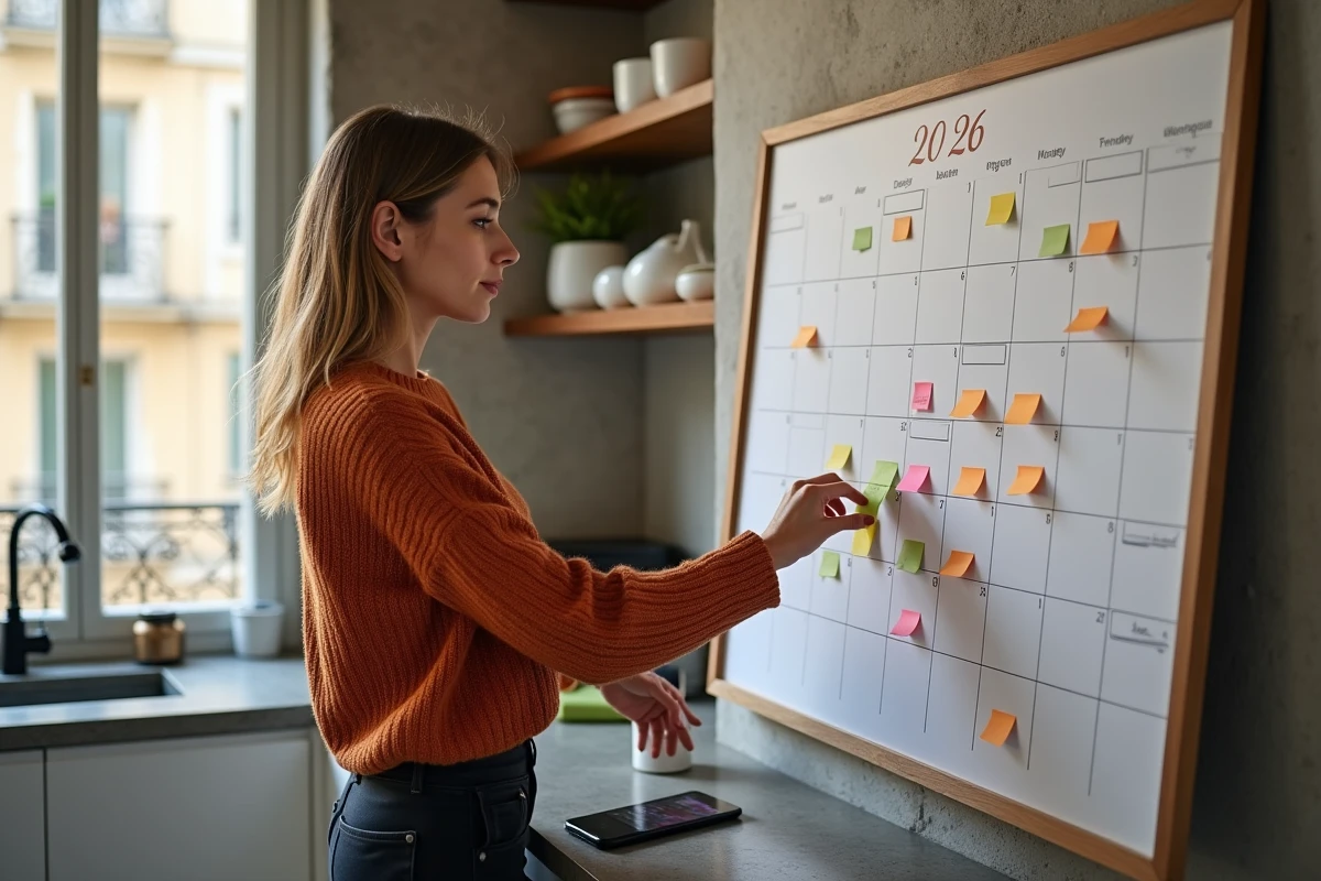Jeune femme organisatrice planifiant ses publications locannonce Paris sur un calendrier 2026 dans un appartement parisien