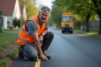 Ouvrier routier mesurant la route en asphalt