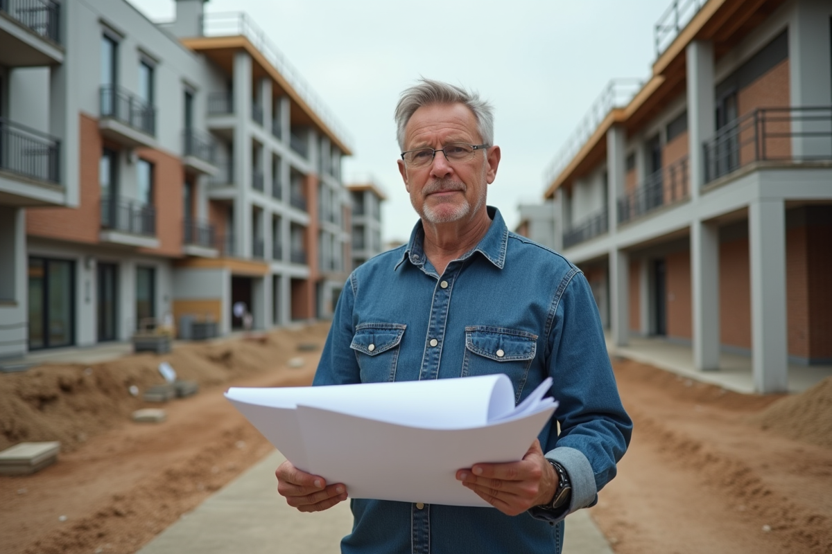 Homme avec documents de construction sur un site en activité