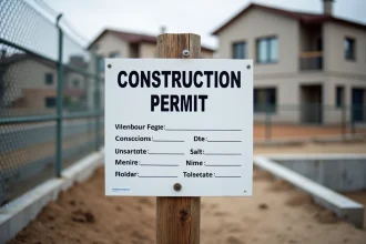 Panneau de permis de construire affiché sur un chantier résidentiel avec fondations visibles en arrière-plan
