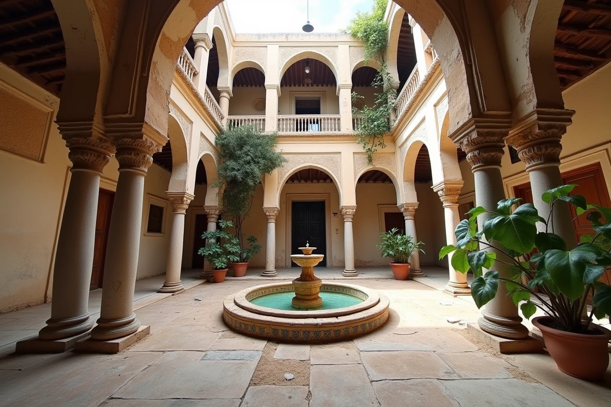 Patio intérieur d'un riad à rénover à Marrakech avec fontaine en zellige et galeries sculptées, potentiel pour maison d'hôtes