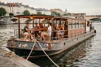Péniche bar animée amarrée sur les quais de la Saône à Lyon avec terrasse extérieure et ambiance festive