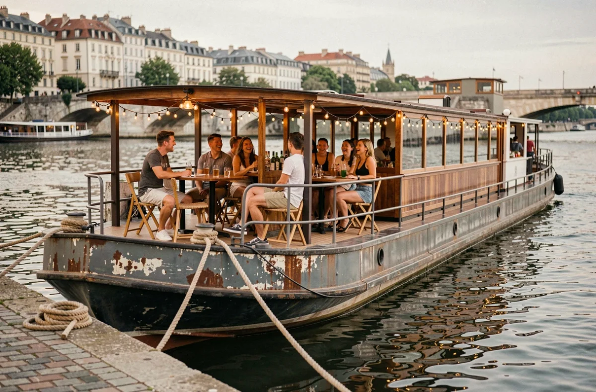 Péniche bar animée amarrée sur les quais de la Saône à Lyon avec terrasse extérieure et ambiance festive