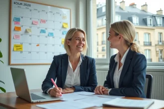Professionnelle parisienne planifiant ses annonces 2026 sur un calendrier mural dans un bureau moderne