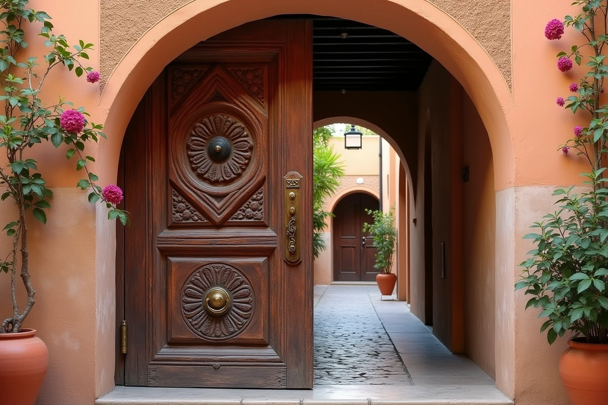 Porte d'entrée traditionnelle en bois sculpté d'un riad à vendre dans la médina de Marrakech, idéal pour un projet de maison d'hôtes
