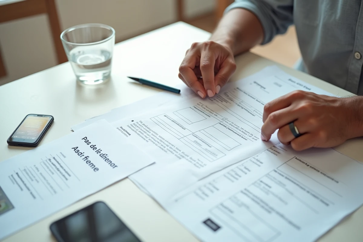 Mains préparant et organisant les documents nécessaires pour un dossier de logement social sur Levallois-Habitat