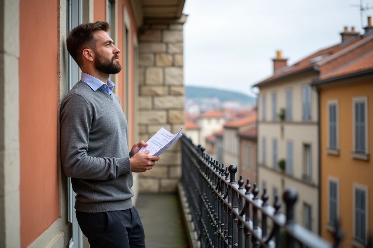 Propriétaire lyonnais consultant l'estimation du prix de son appartement sur un balcon avec vue sur la ville de Lyon
