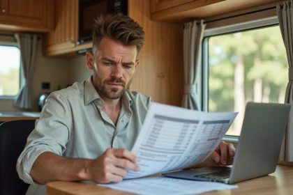 Propriétaire de mobil home étudiant les documents fiscaux liés au statut LMNP à l'intérieur de son hébergement de loisir