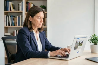 Propriétaire consultant un service de syndic en ligne sur son ordinateur portable depuis son bureau à domicile
