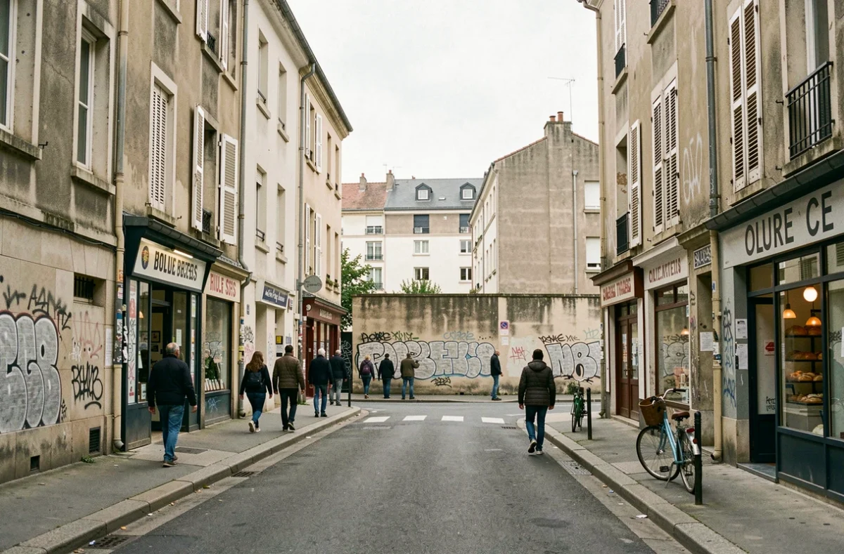 Rue d'un quartier populaire de Rennes avec immeubles en béton des années 70 et commerces locaux
