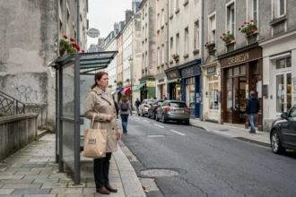 Femme de 50 ans observant une rue résidentielle urbaine typique de La Roche-sur-Yon, immeubles anciens et commerces de quartier en arrière-plan