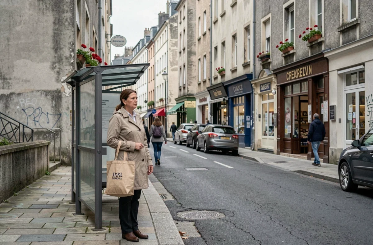 Femme de 50 ans observant une rue résidentielle urbaine typique de La Roche-sur-Yon, immeubles anciens et commerces de quartier en arrière-plan