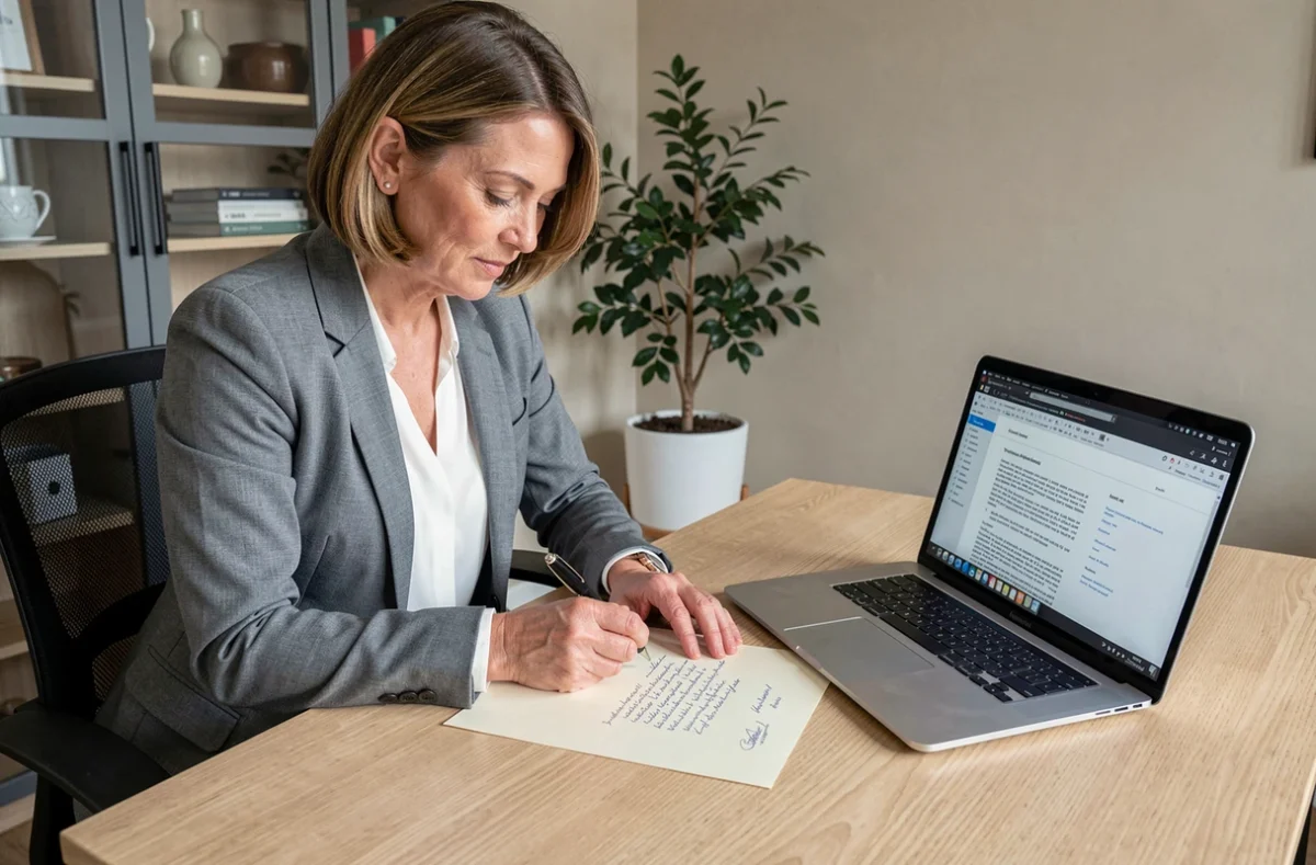 Femme rédigeant une lettre de procuration pour un notaire à son bureau à domicile