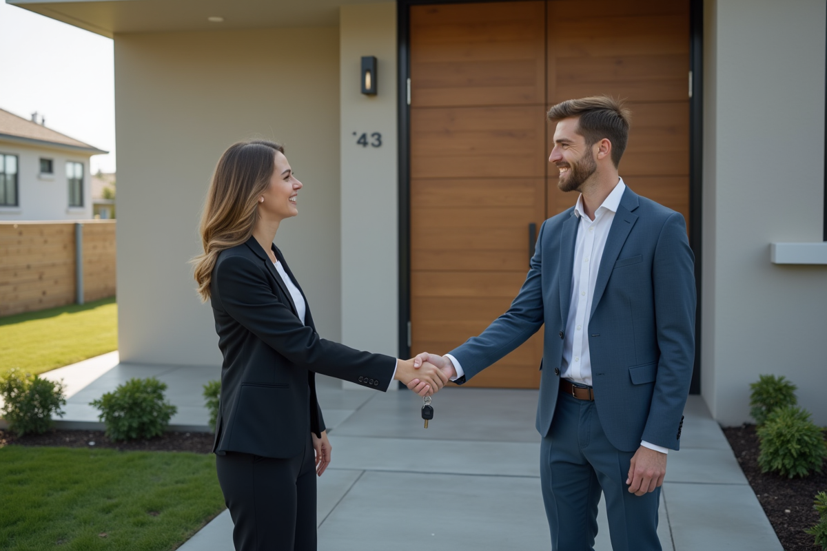 Jeune femme souriante remettant des clés à un couple devant une maison