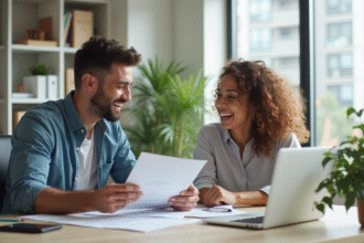 Jeune couple discutant avec un conseiller financier dans un bureau moderne
