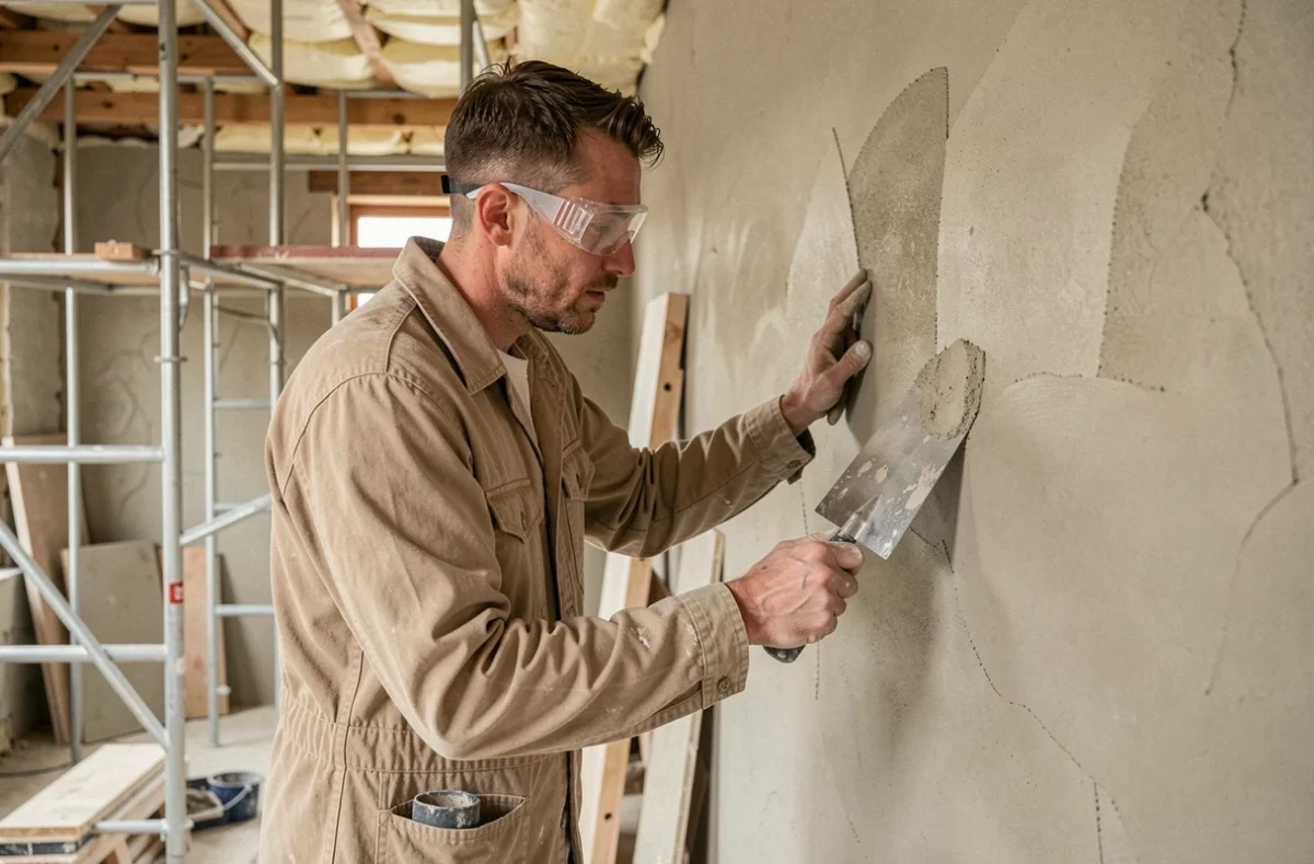 Plâtrier de Renov'Intérieur lissant un mur isolé à l'intérieur d'une maison en rénovation dans le secteur de Flers