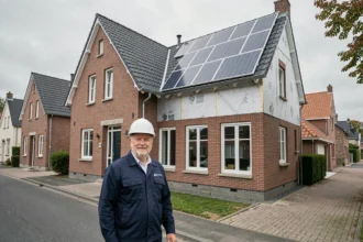 Technicien en rénovation énergétique devant une maison rénovée dans le Nord de la France avec isolation, fenêtres double vitrage et panneaux solaires