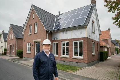 Technicien en rénovation énergétique devant une maison rénovée dans le Nord de la France avec isolation, fenêtres double vitrage et panneaux solaires