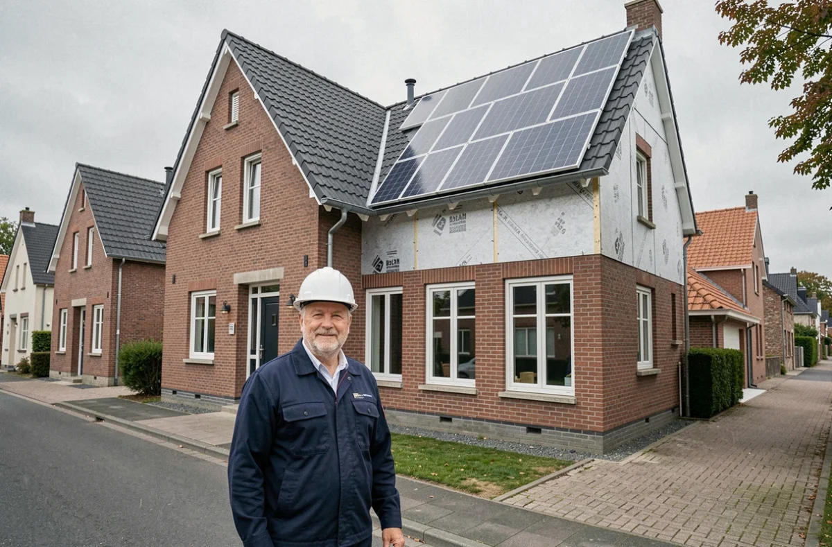 Technicien en rénovation énergétique devant une maison rénovée dans le Nord de la France avec isolation, fenêtres double vitrage et panneaux solaires