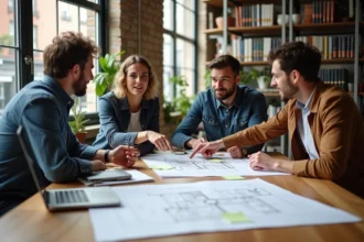 Groupe d'adultes participant à une réunion de projet d'habitat participatif autour d'une table avec des plans architecturaux
